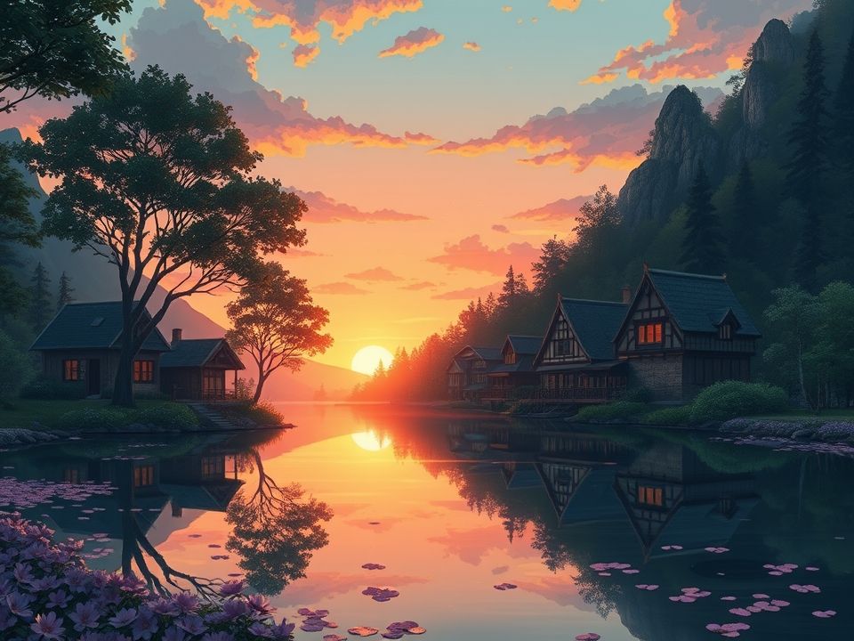 夜晚小镇与猫，动漫场景